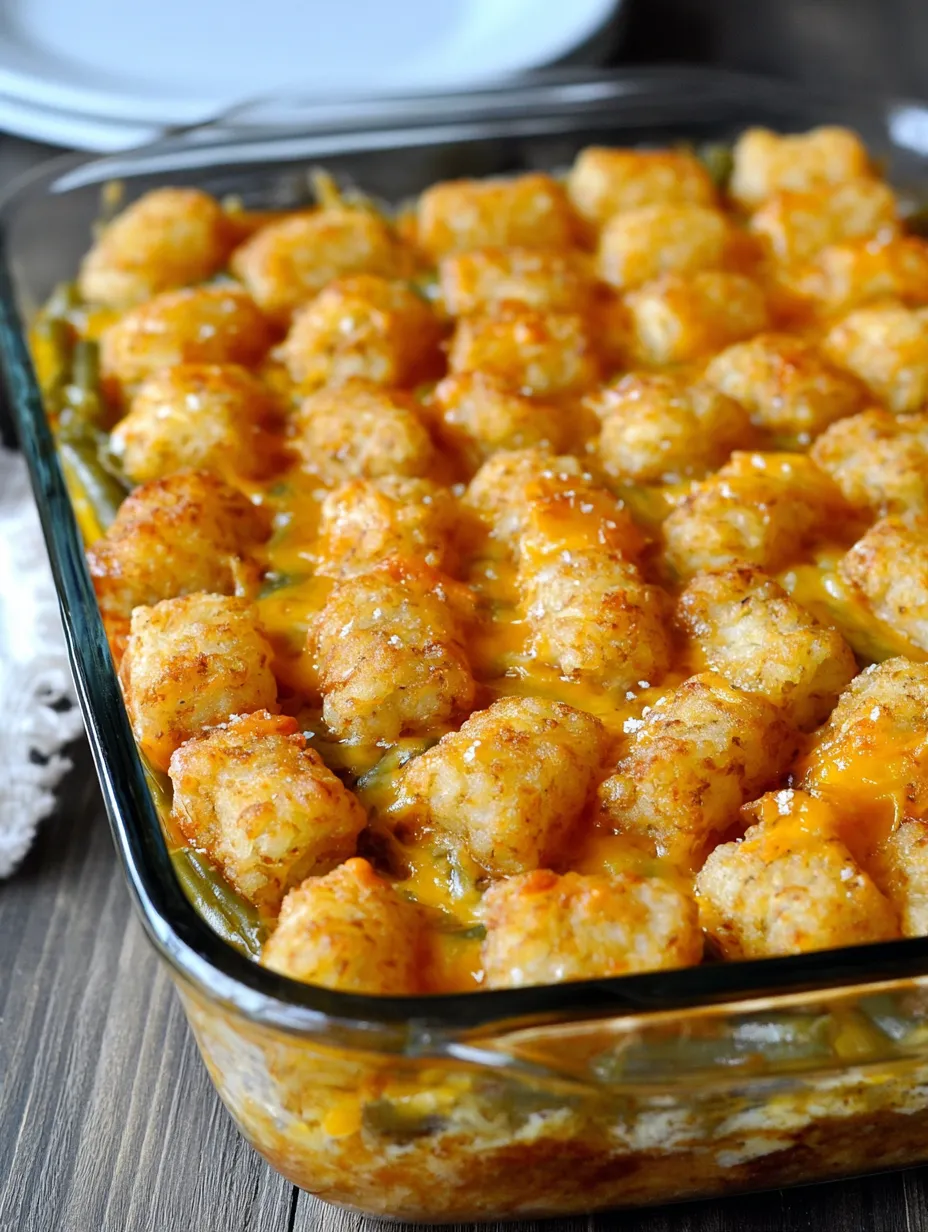 A baking dish filled with tater tots and cheese.