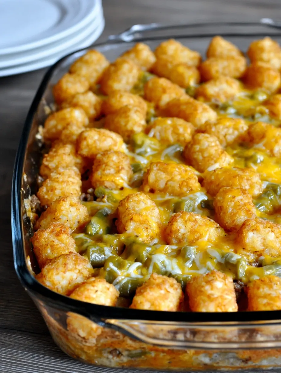 A dish of tater tots with cheese and green beans.
