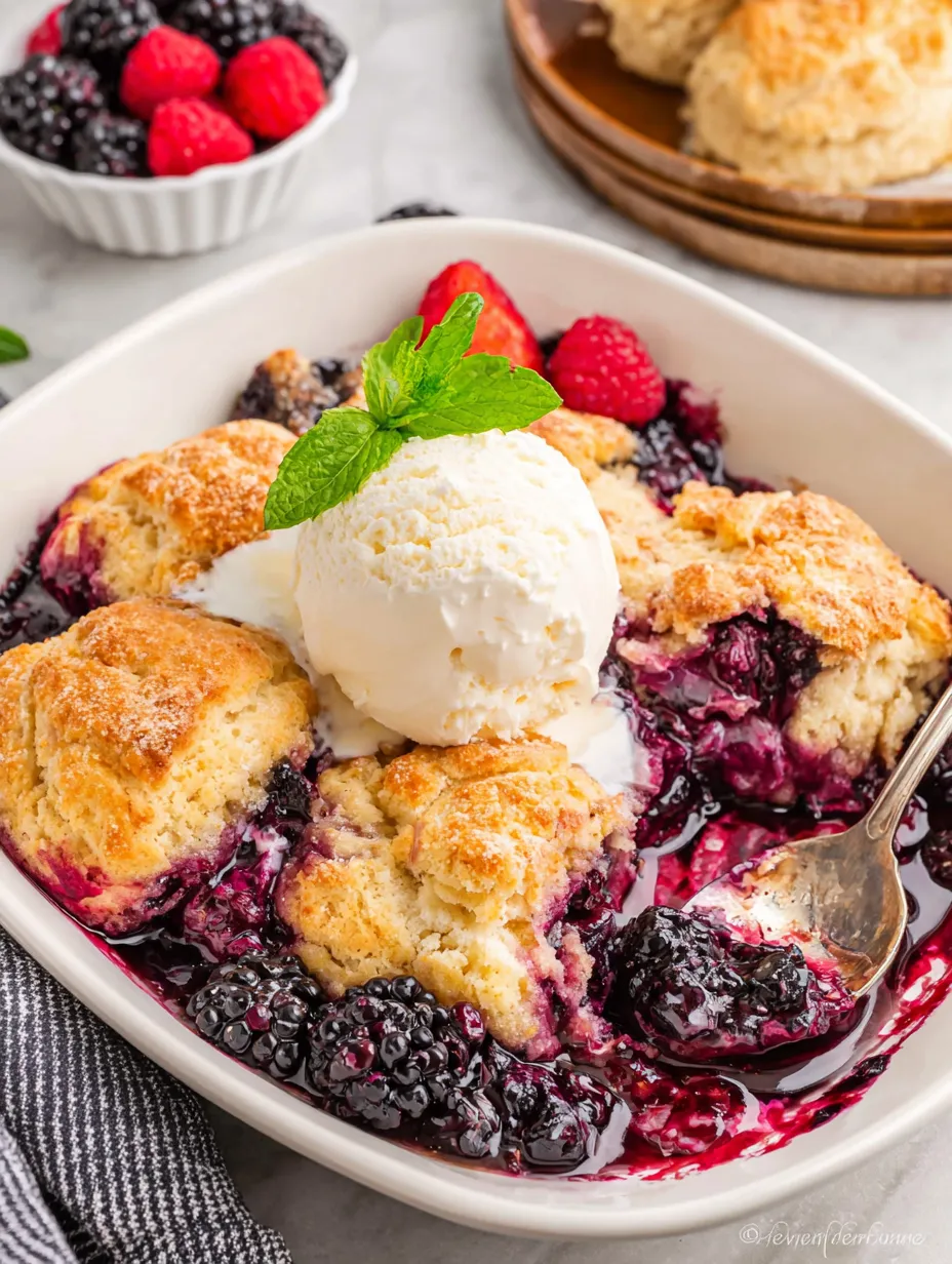 A bowl of berry cobbler with a scoop of ice cream on top.