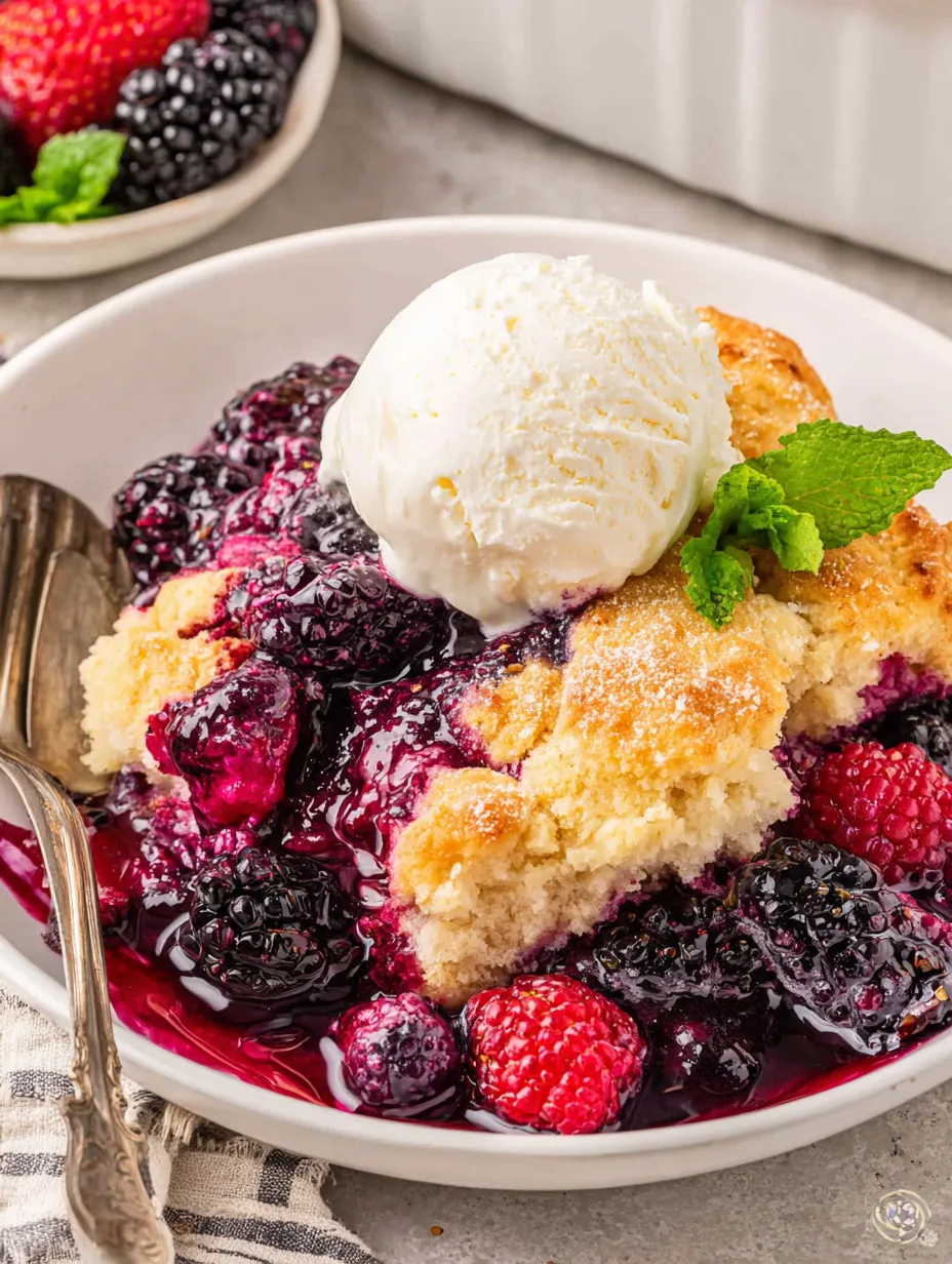 A bowl of berry cobbler with a scoop of ice cream on top.