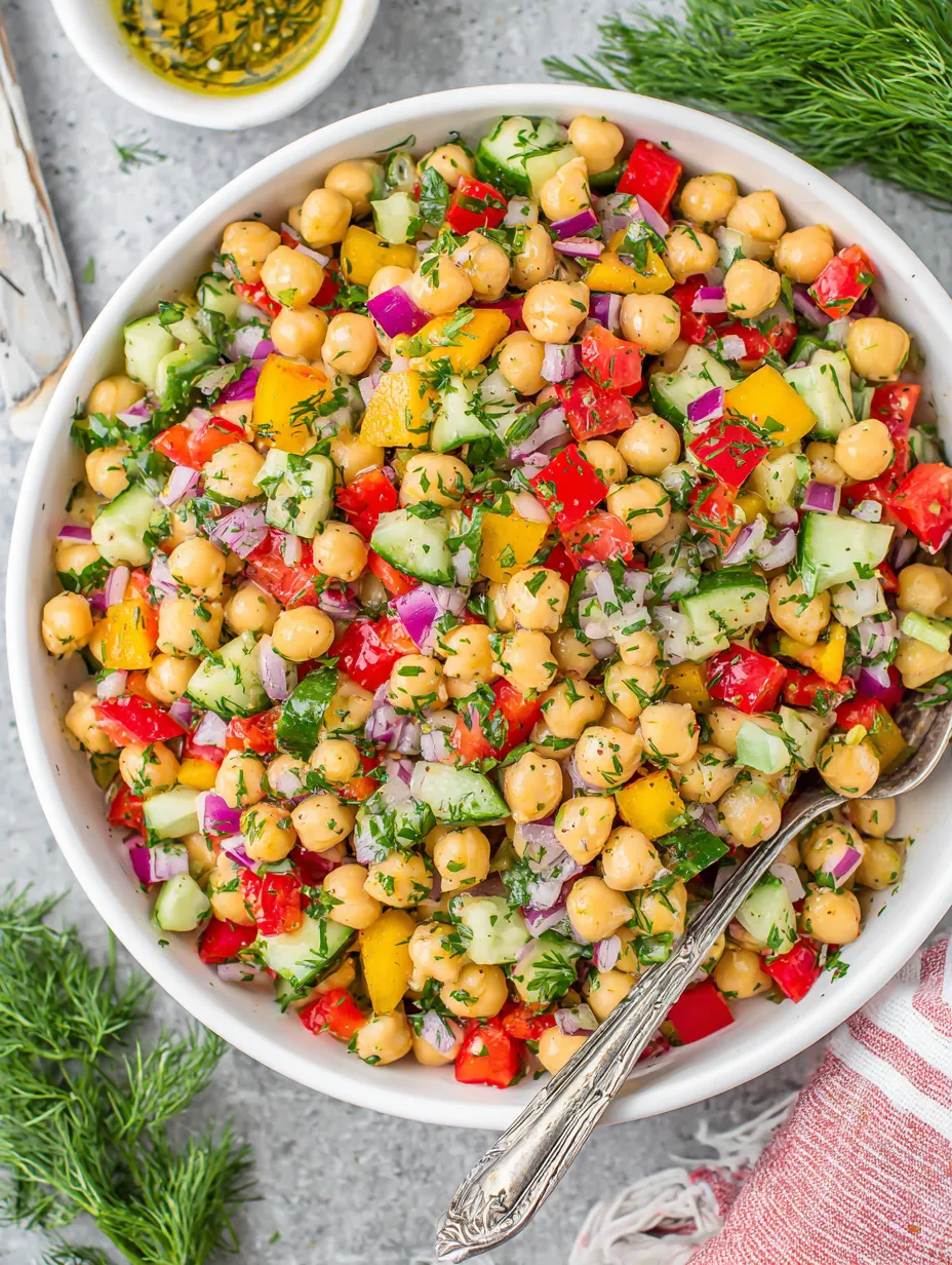 A bowl of chickpea salad with various vegetables.