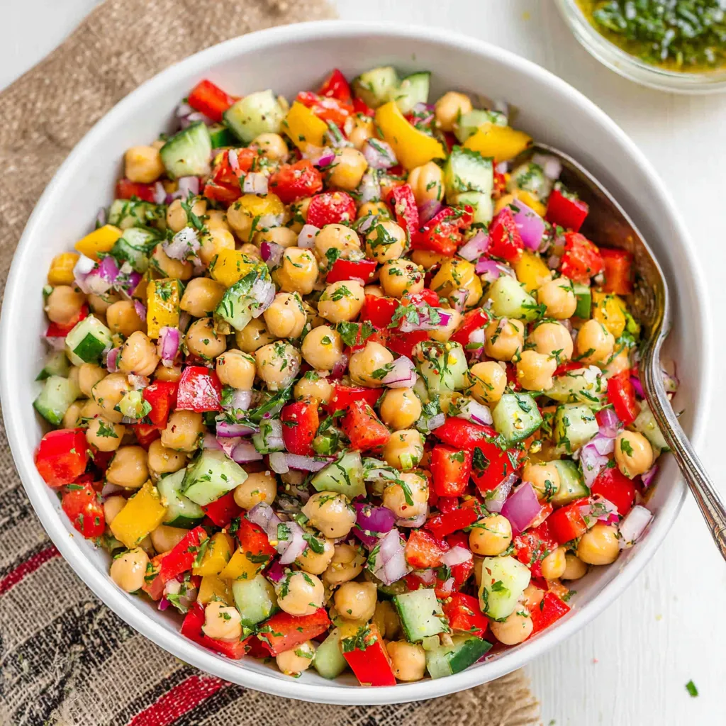 A bowl of chickpea salad with various vegetables.