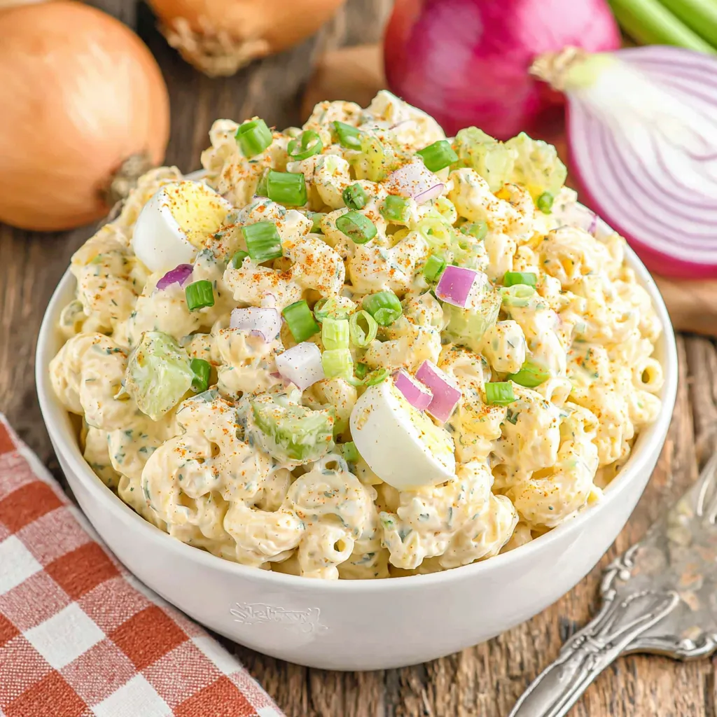 A bowl of macaroni salad with eggs.