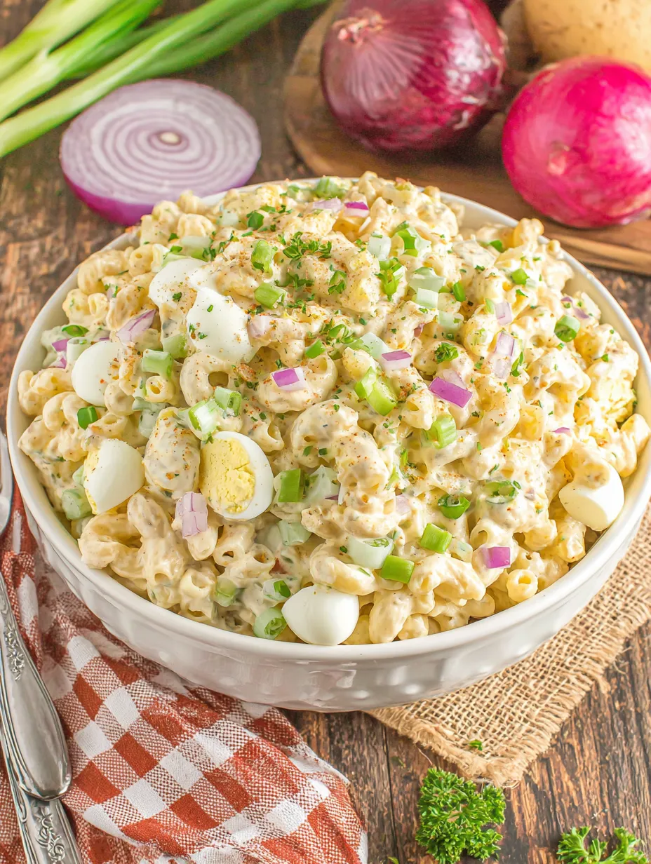 A bowl of macaroni salad with eggs.