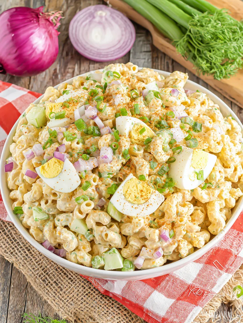 A bowl of macaroni salad with eggs and onions.