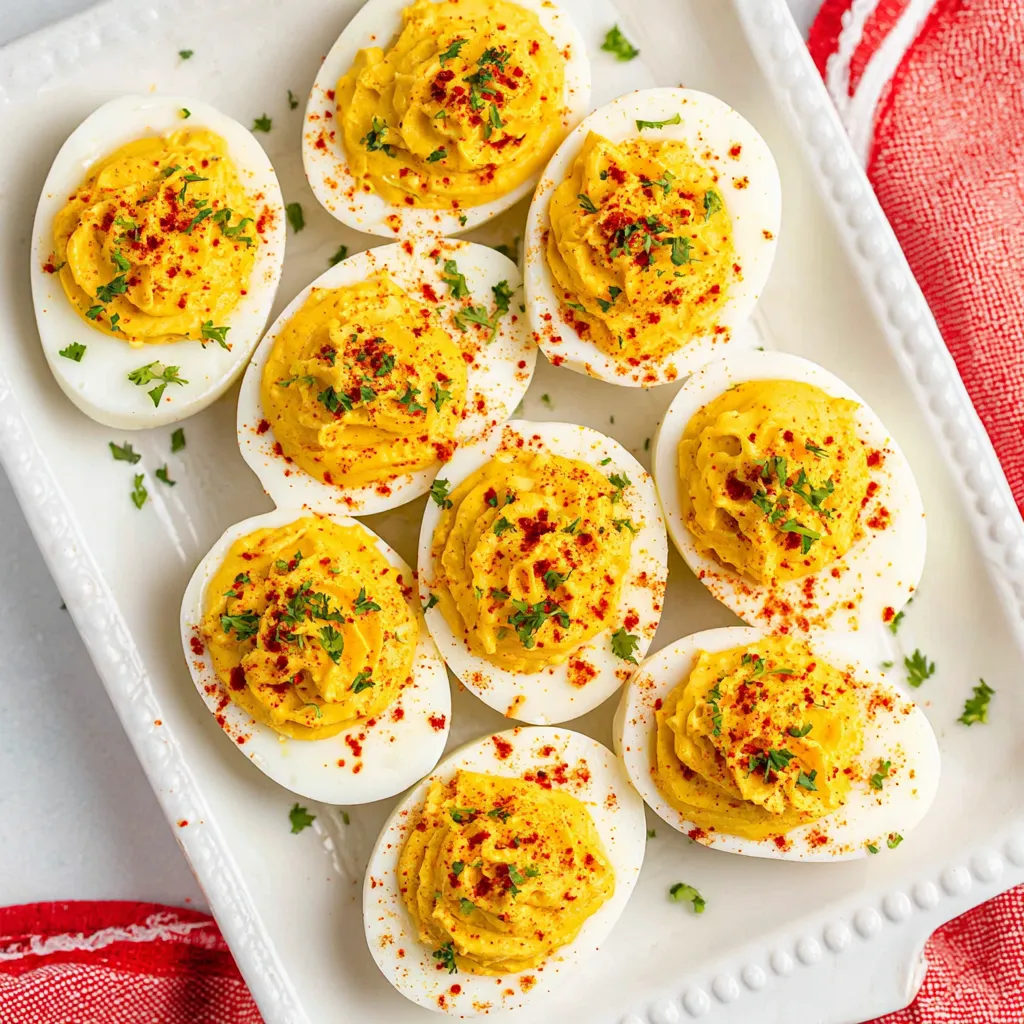 A plate of deviled eggs with a spoon.