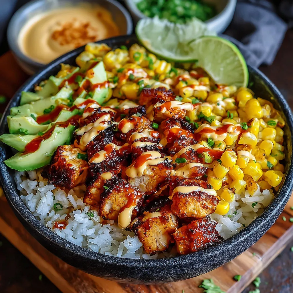 A bowl of food with rice, chicken, and corn.