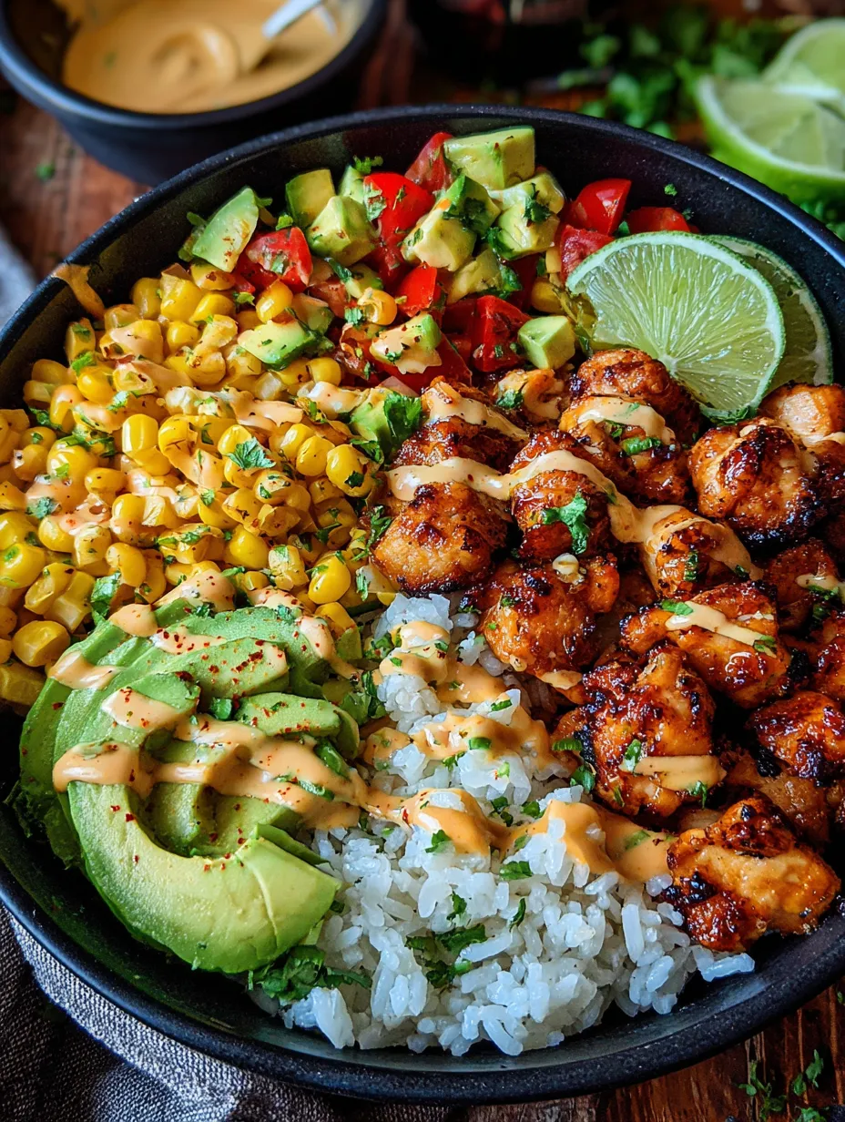 A bowl of food with rice, chicken, corn, and avocado.