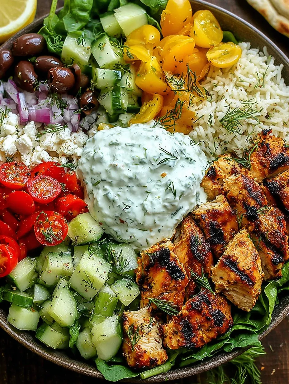 A bowl of chicken tzatziki with rice and vegetables.