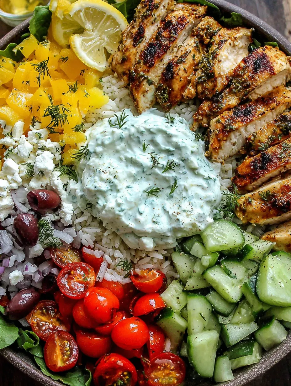 A bowl of food with chicken, rice, tomatoes, cucumbers, and a dip.