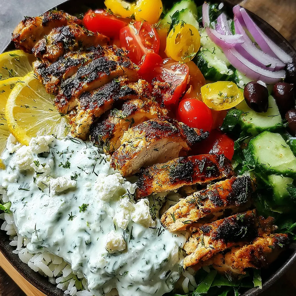 A bowl of chicken tzatziki with rice and vegetables.