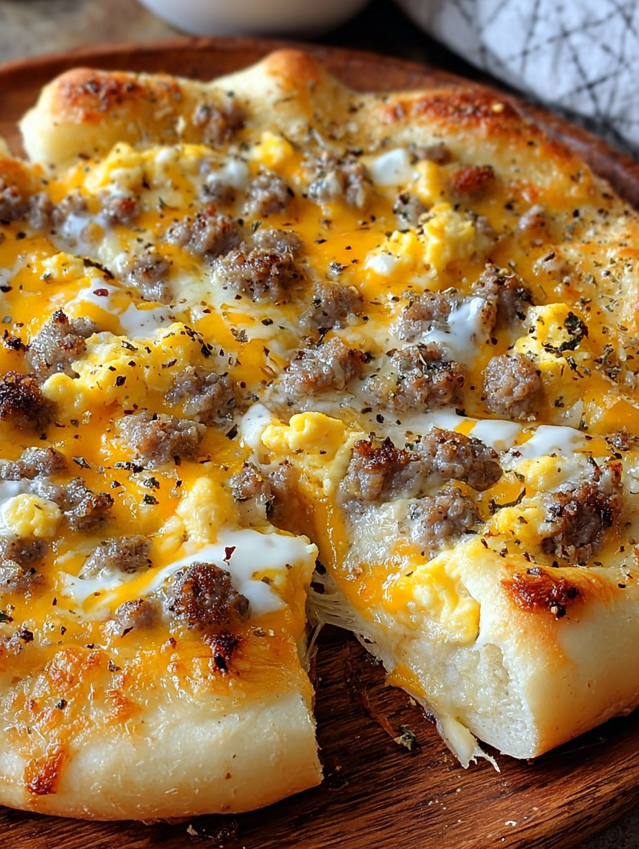 A slice of sausage gravy breakfast pizza.
