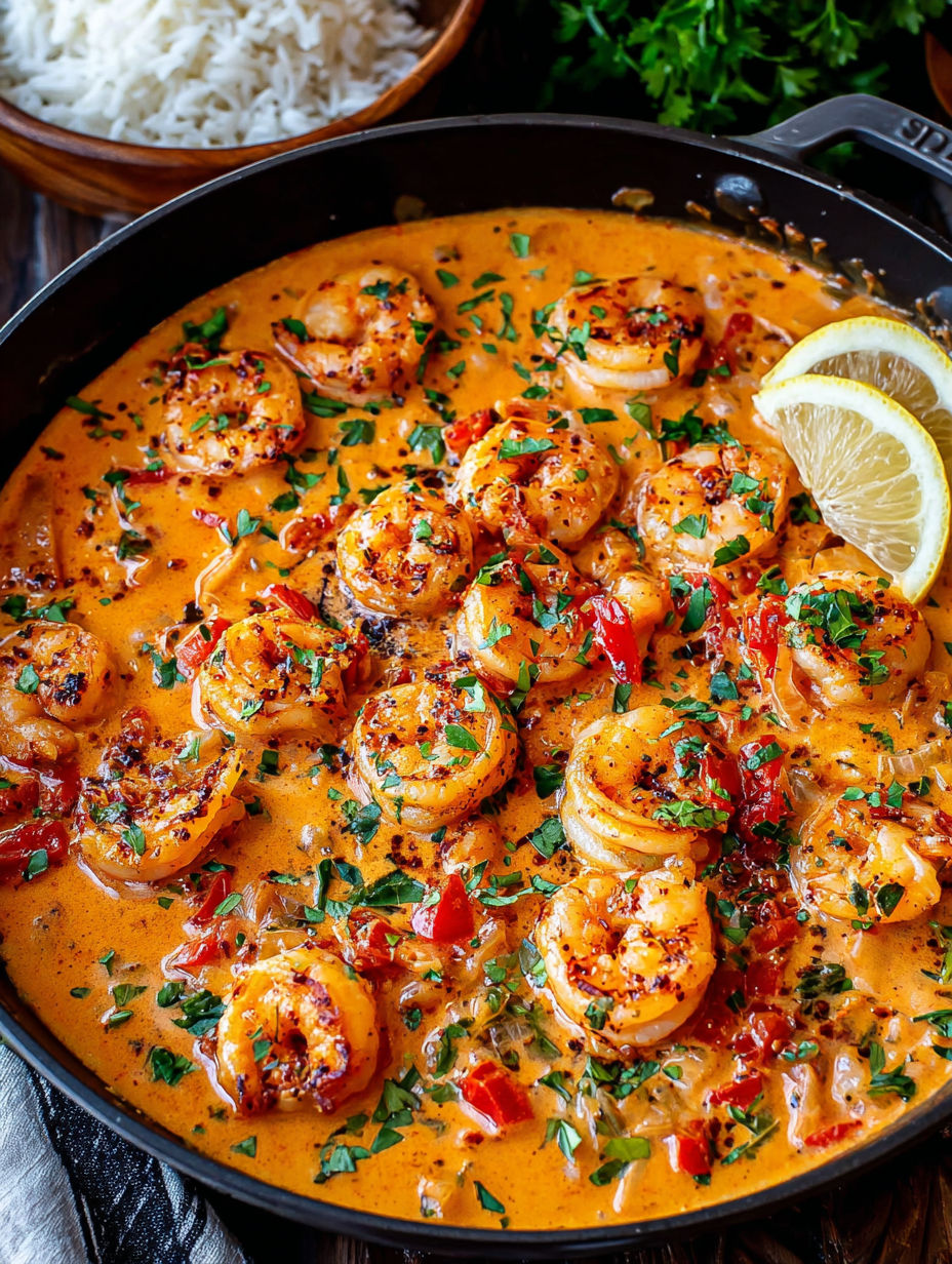 A bowl of shrimp with garlic, paprika, and cream.