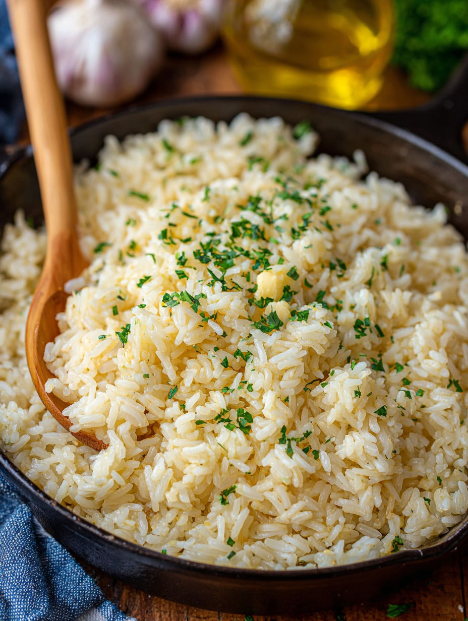 A bowl of rice with green herbs on top.