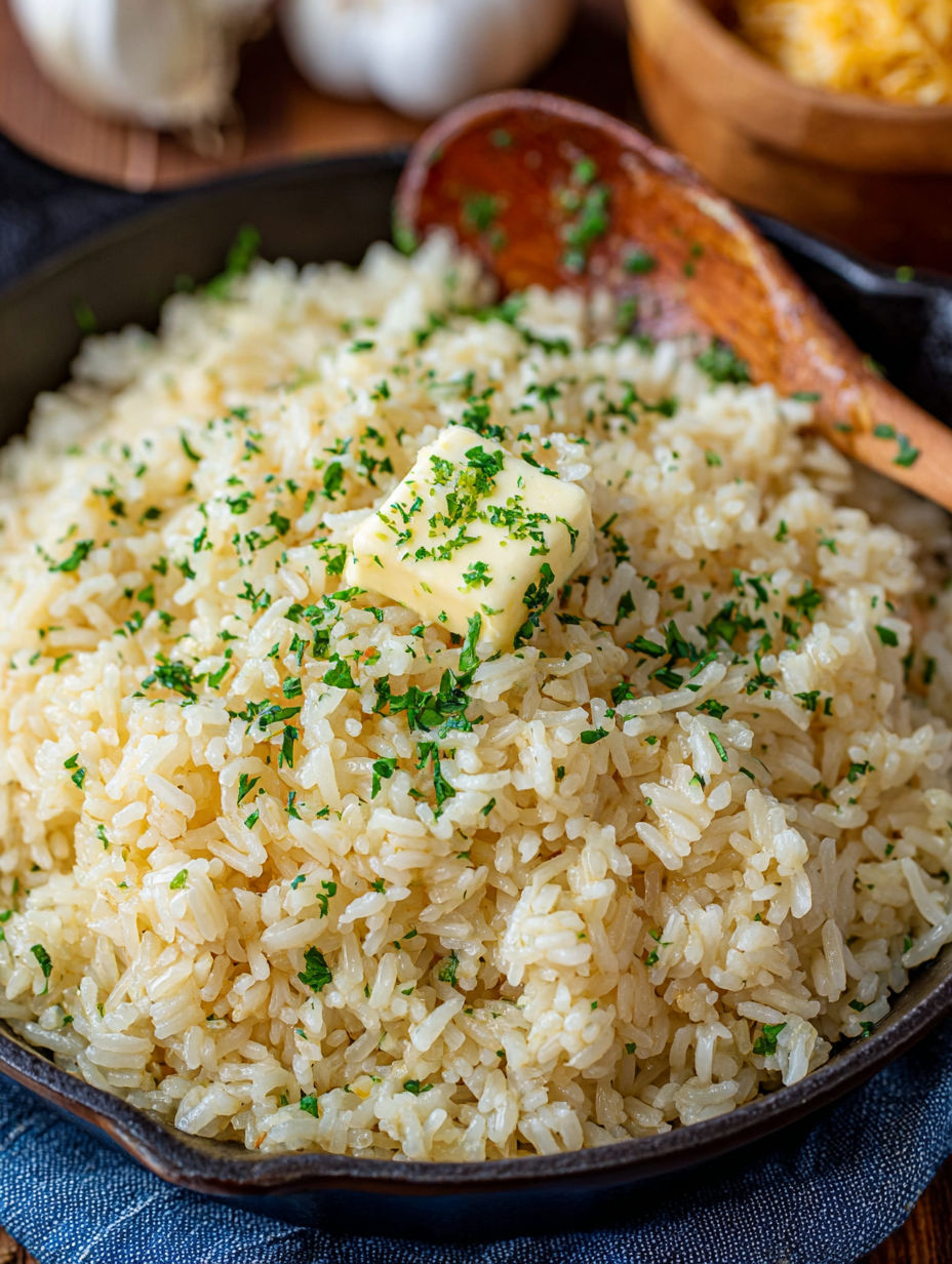 A dish of rice with garlic butter and green herbs.