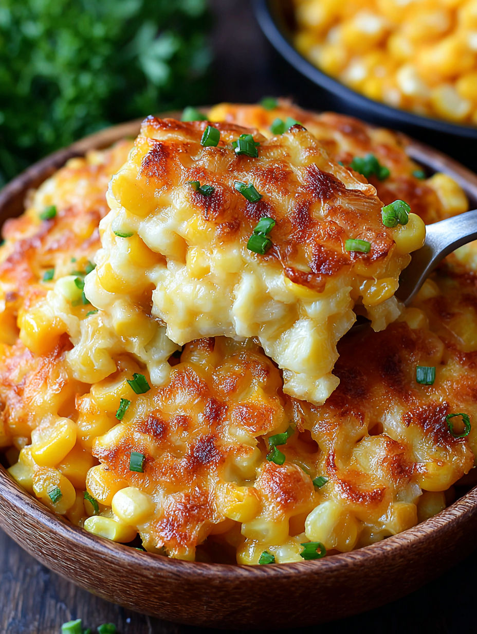 A bowl of corn with cheese and green onions.