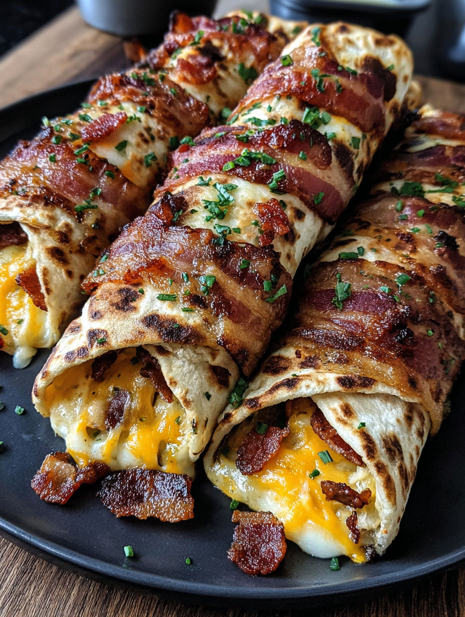 Bacon wrapped around a piece of bread with cheese and bacon.