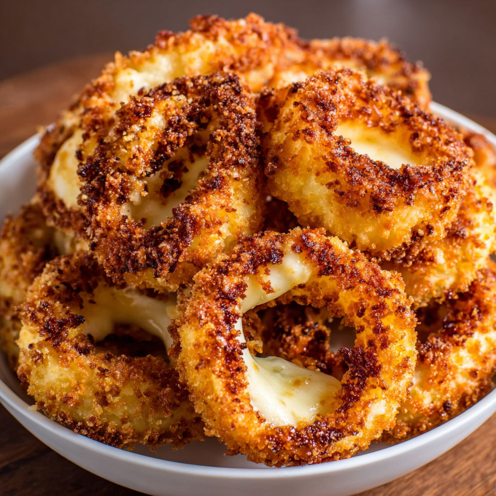 A bowl of cheesy onion rings.