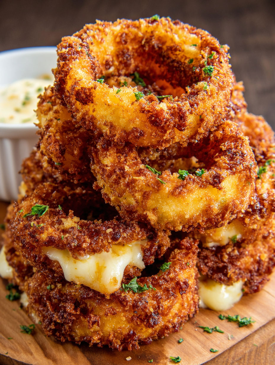 A stack of cheesy onion rings.