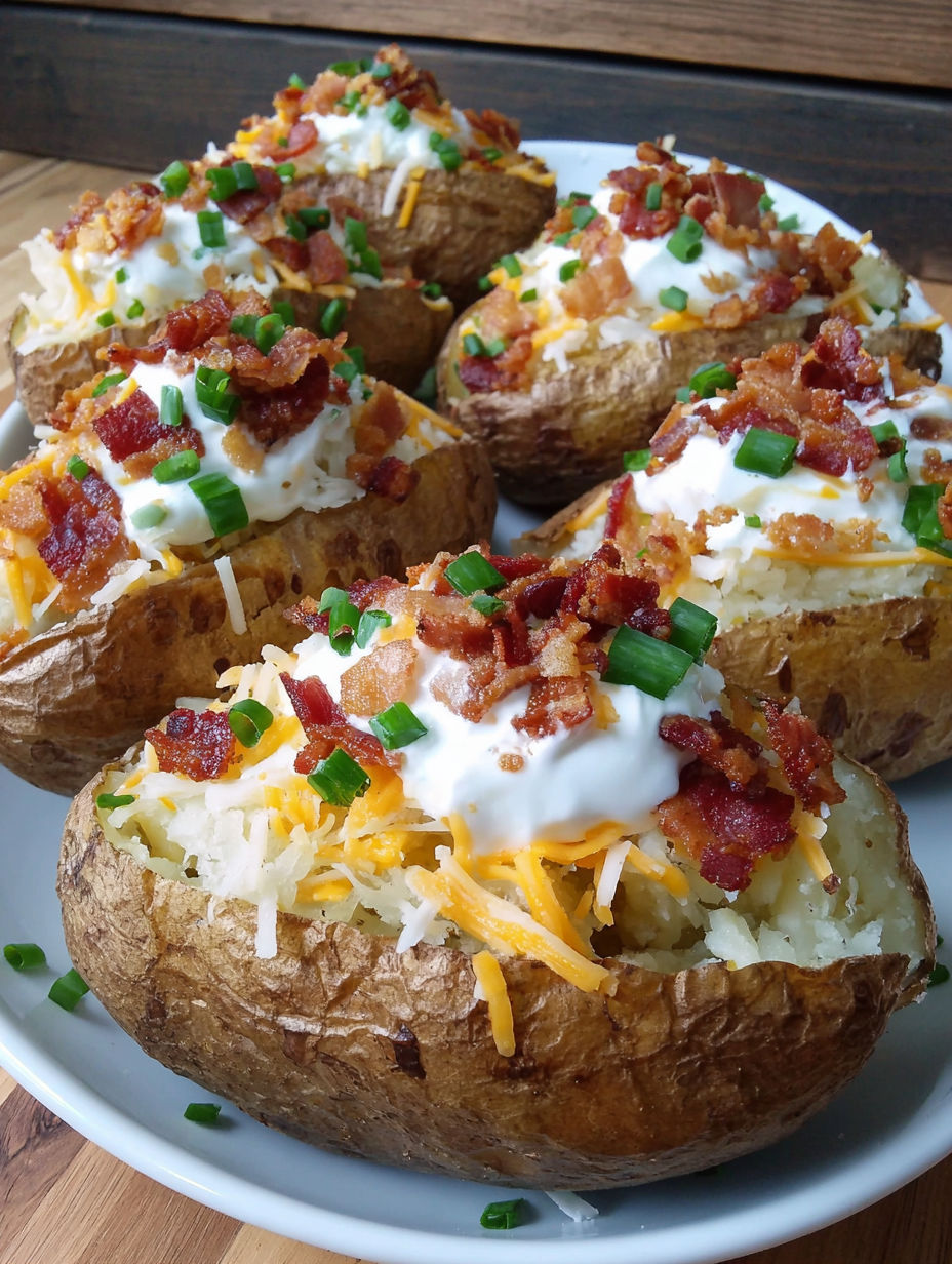 A plate of loaded baked potatoes with bacon and cheddar cheese.
