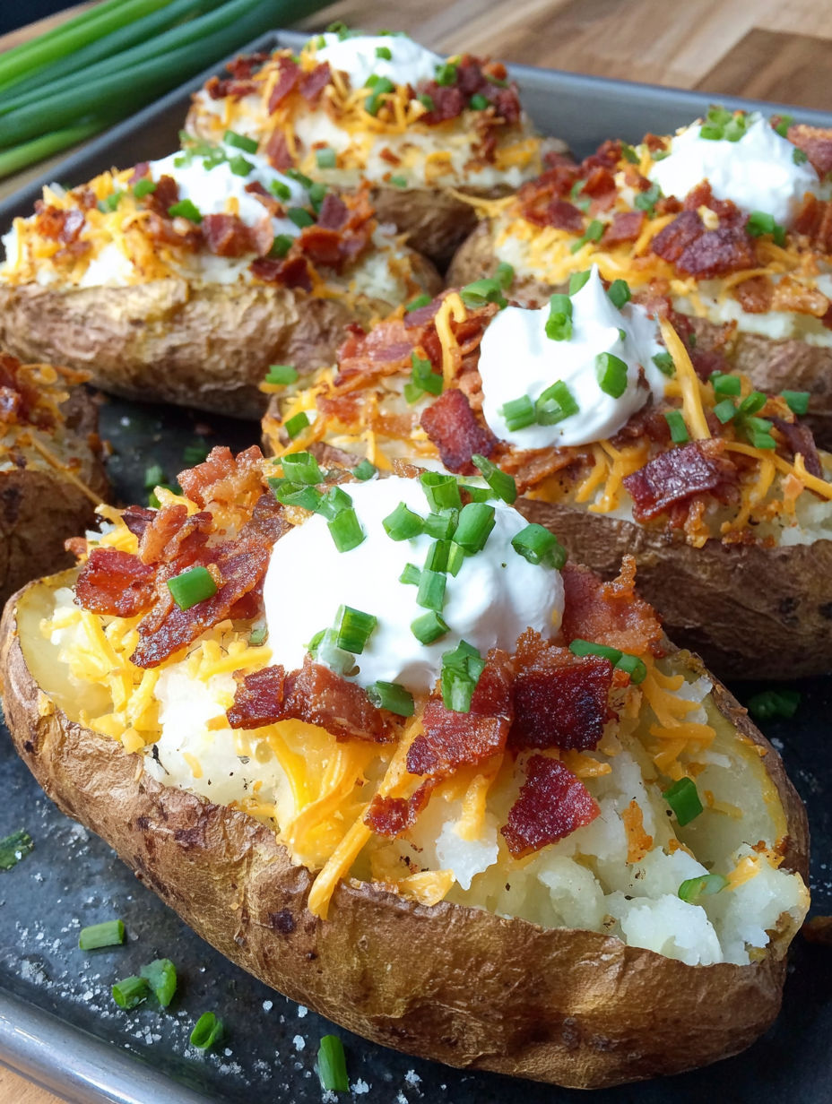 A close up of a loaded baked potato with cheese and bacon.