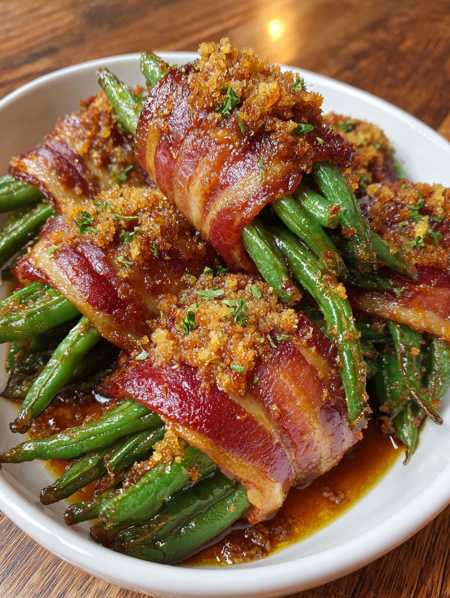 A plate of bacon wrapped green beans.