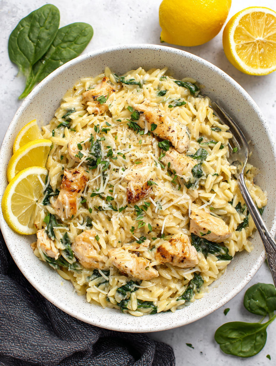 A bowl of chicken and pasta with lemon wedges on the side.