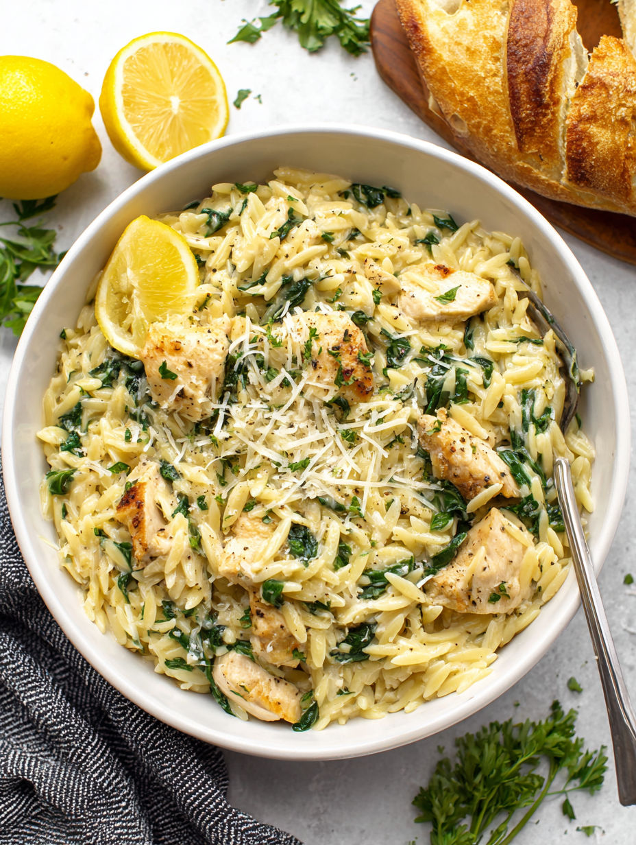 A bowl of chicken and pasta with lemon wedges on the side.