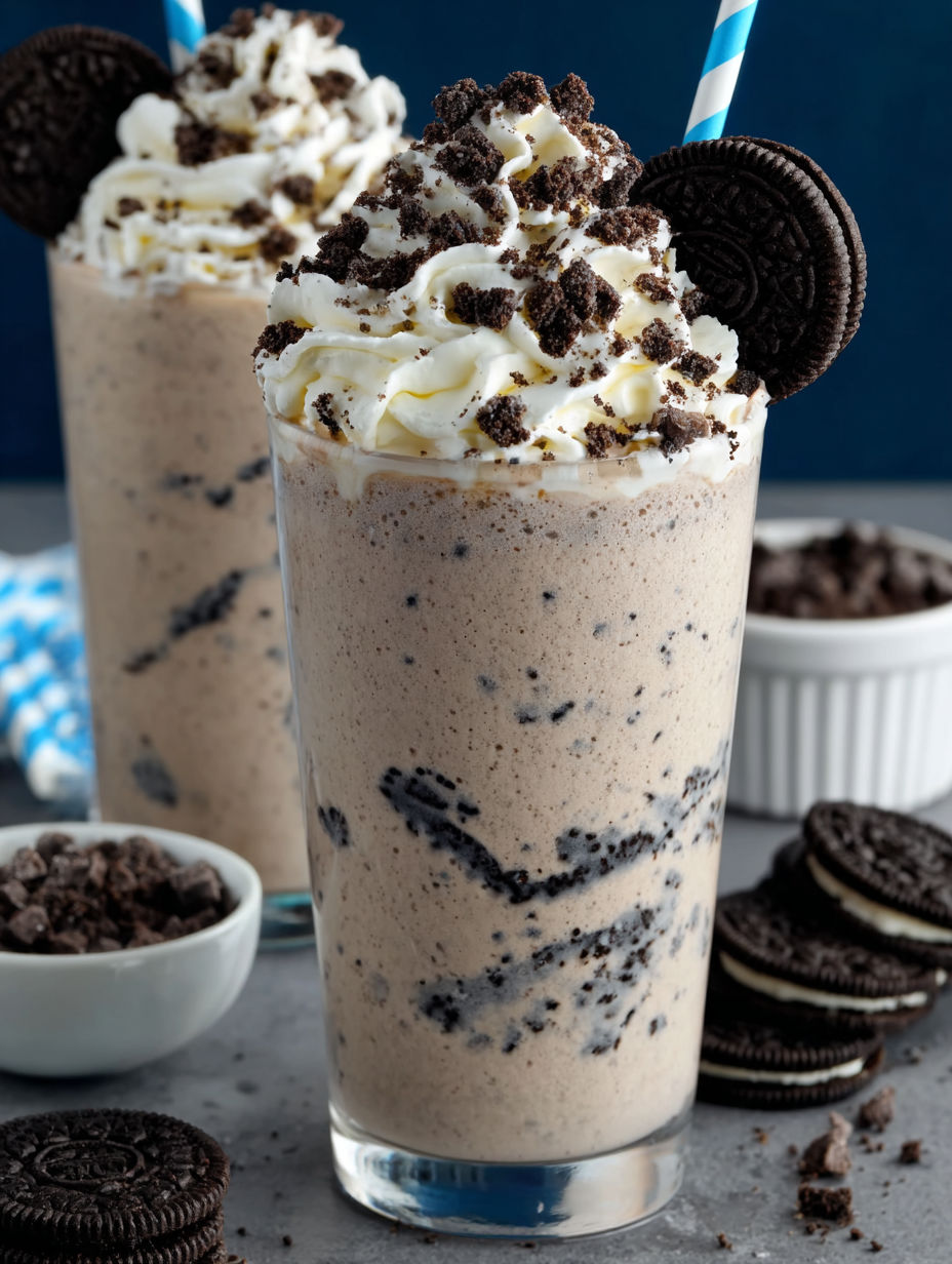 A glass of milk with cookies and cream.