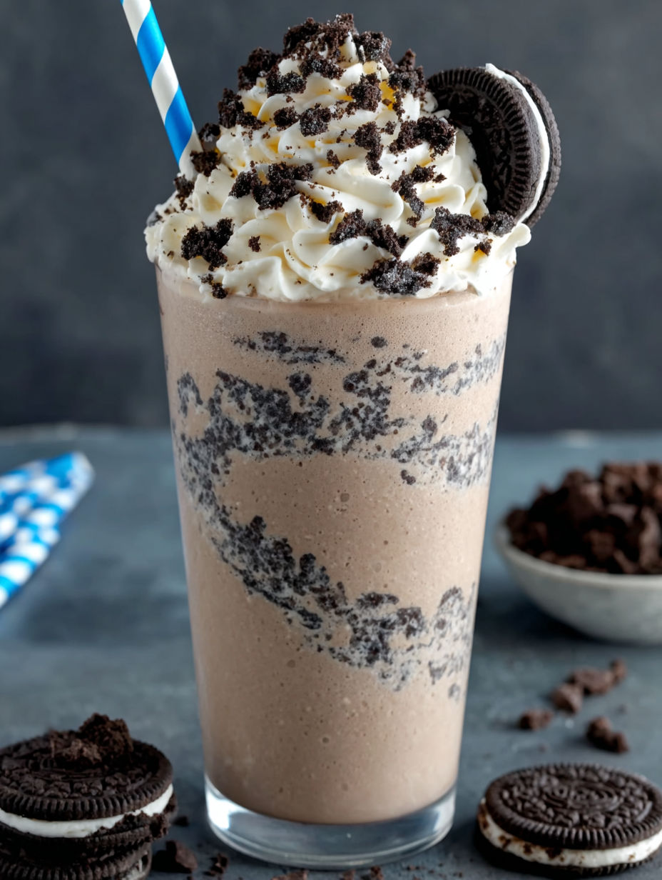 A chocolate milkshake with a cookie on top.