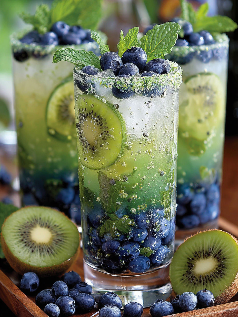 A glass of green drink with blueberries and kiwi.