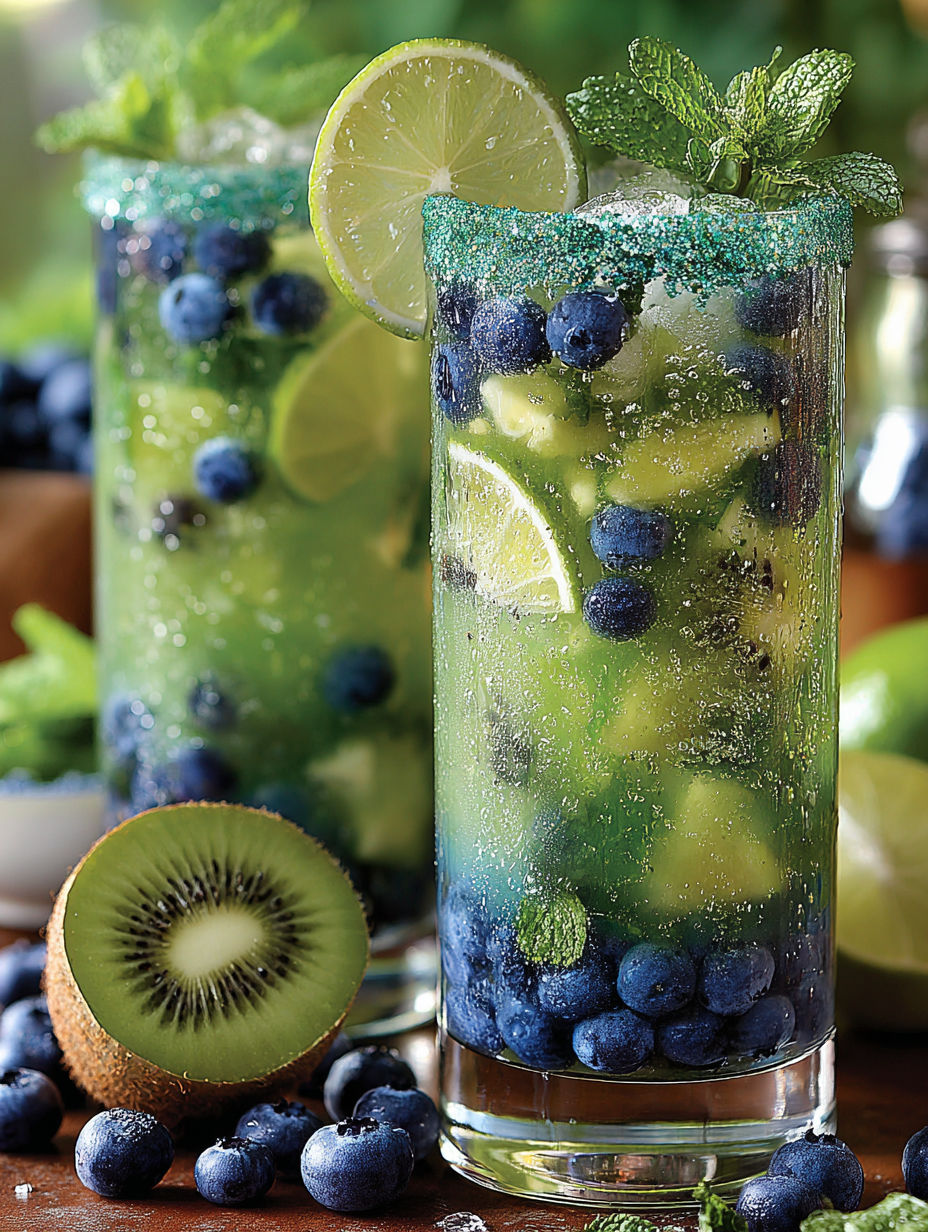 A glass of blue drink with a slice of lime in it.