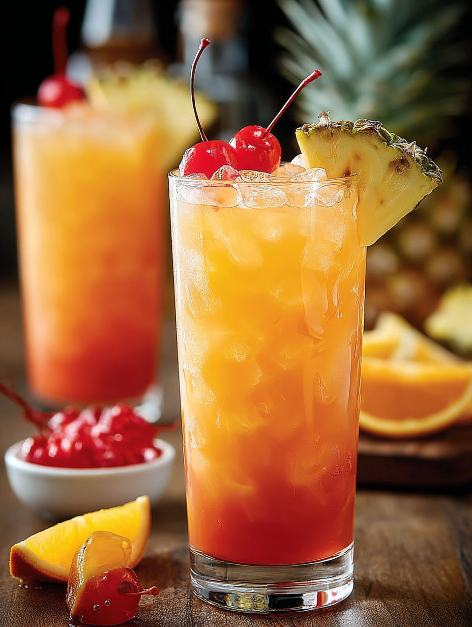 A glass of Virgin Island Breeze Cocktail with cherries and pineapple.