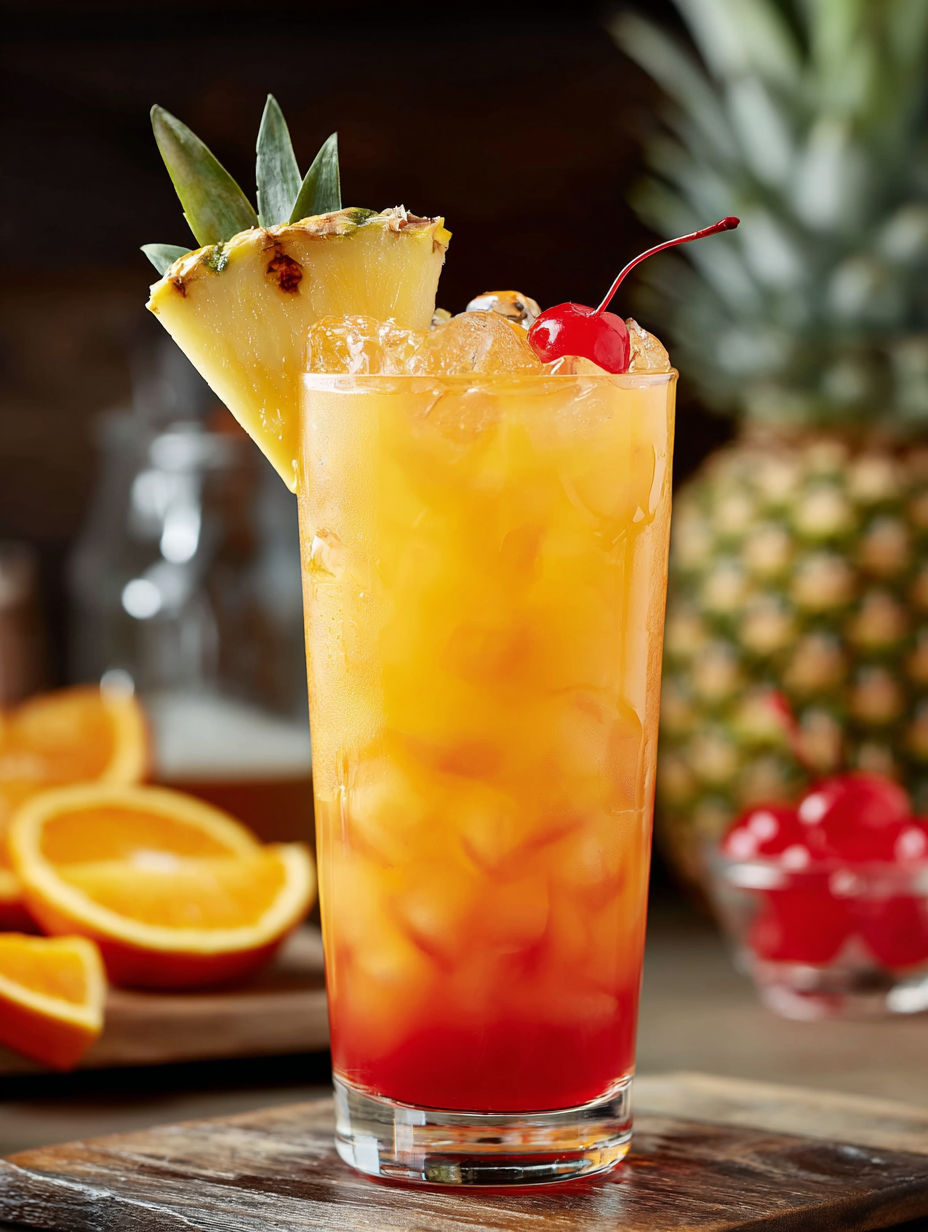 A glass of Virgin Island Breeze Cocktail with a pineapple wedge and cherry on top.