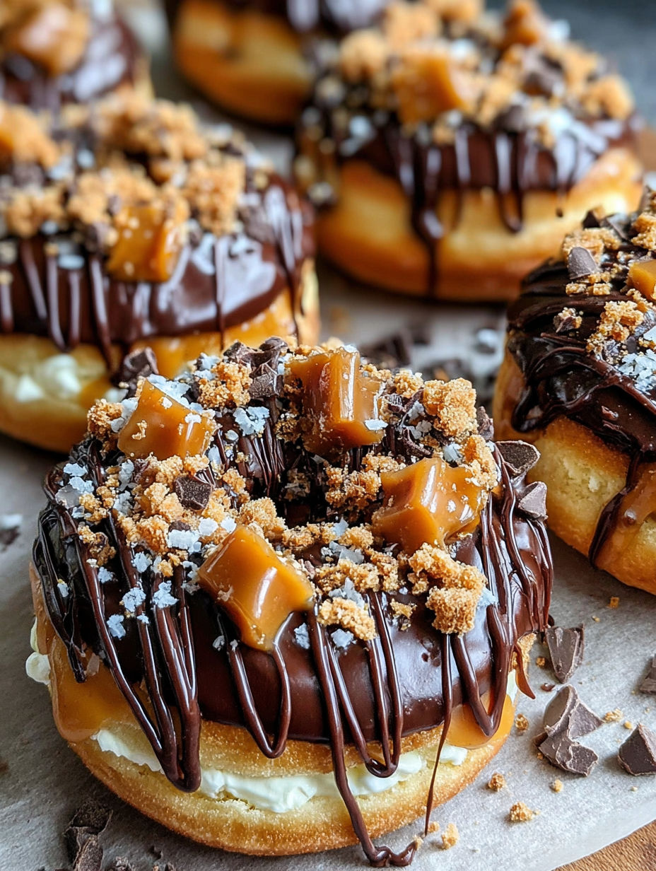 A close up of a chocolate caramel donut.