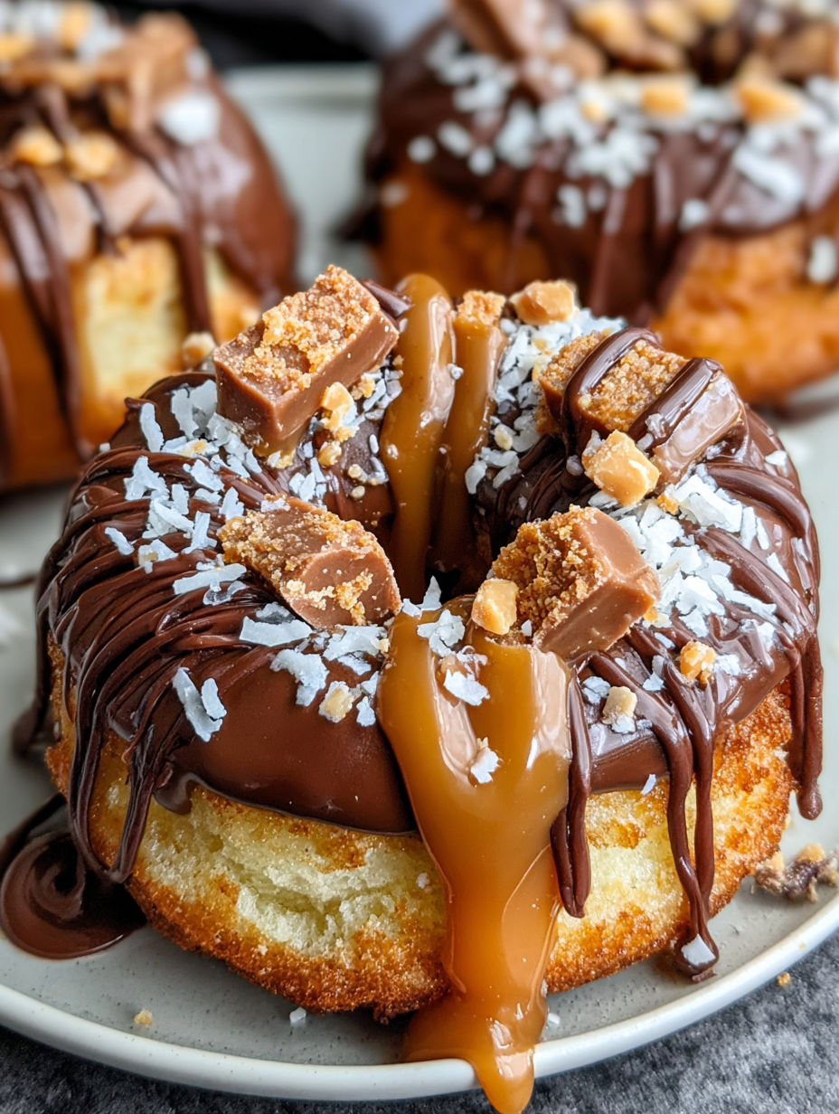 A chocolate caramel donut with nuts on top.