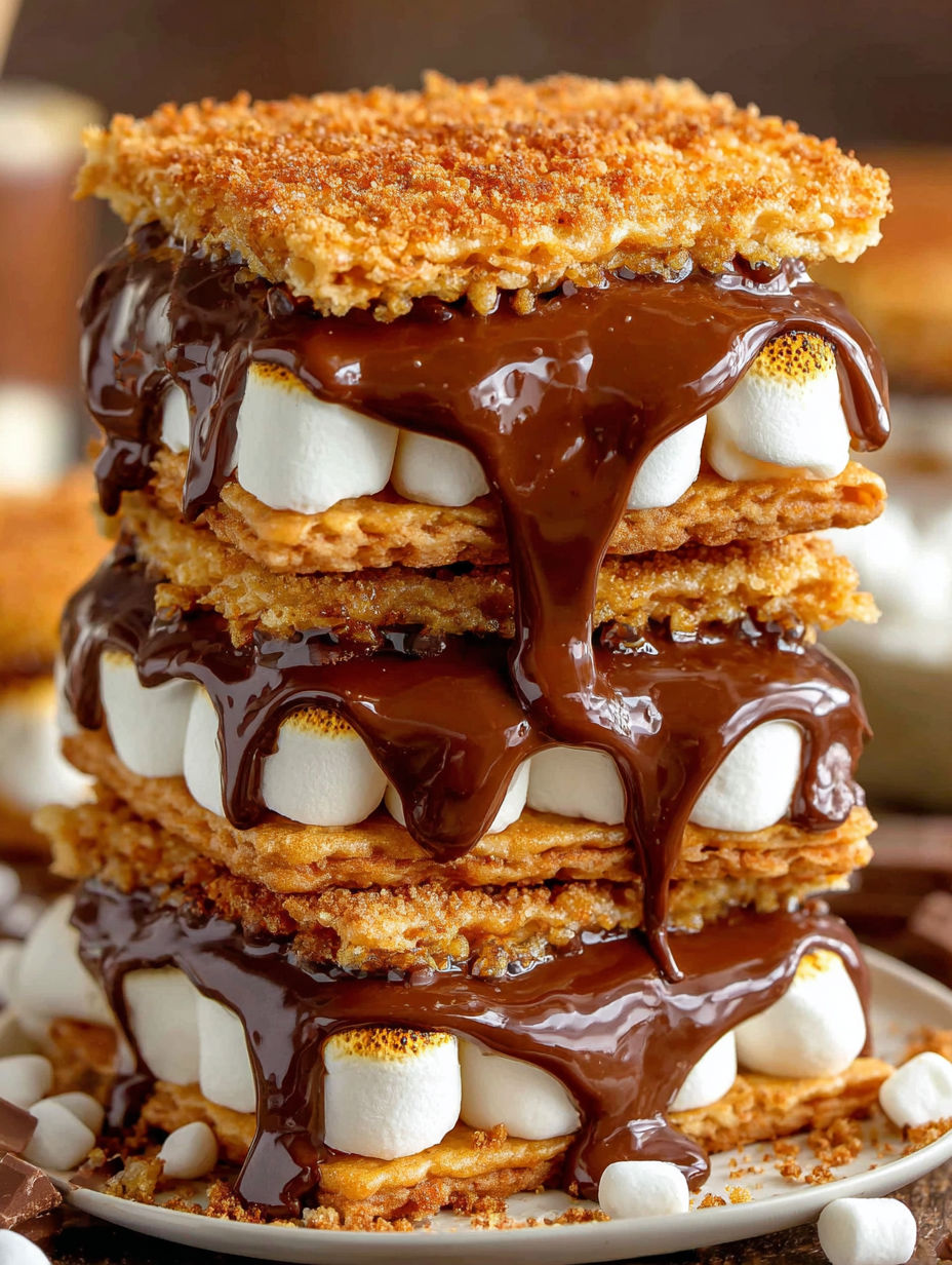 A stack of deep fried s'mores with chocolate drizzled on top.