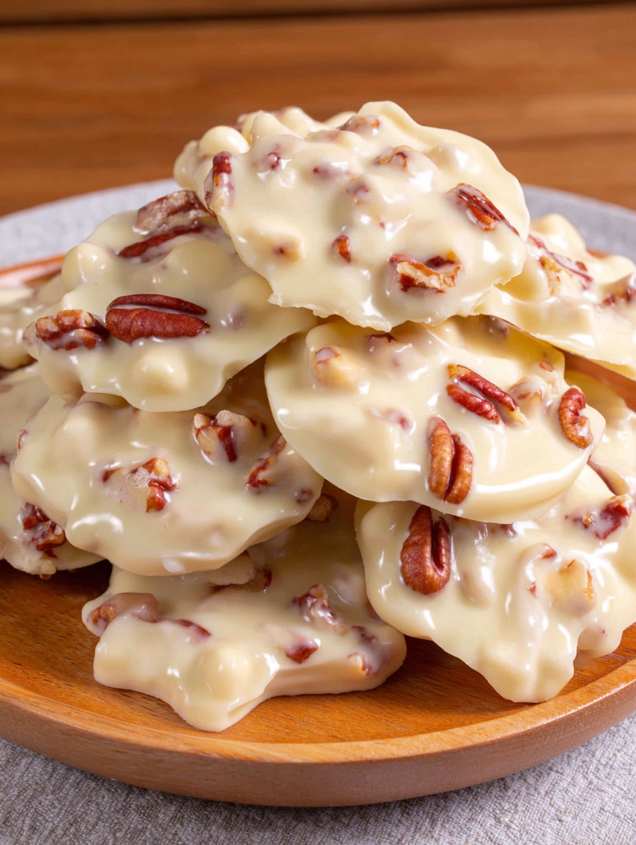 A stack of pecan candies on a wooden plate.