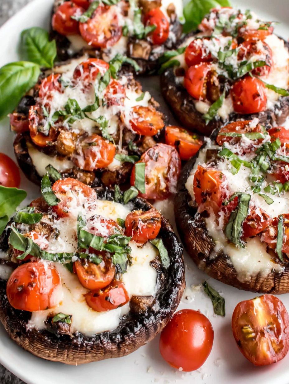 A plate of stuffed mushrooms with tomatoes and cheese.