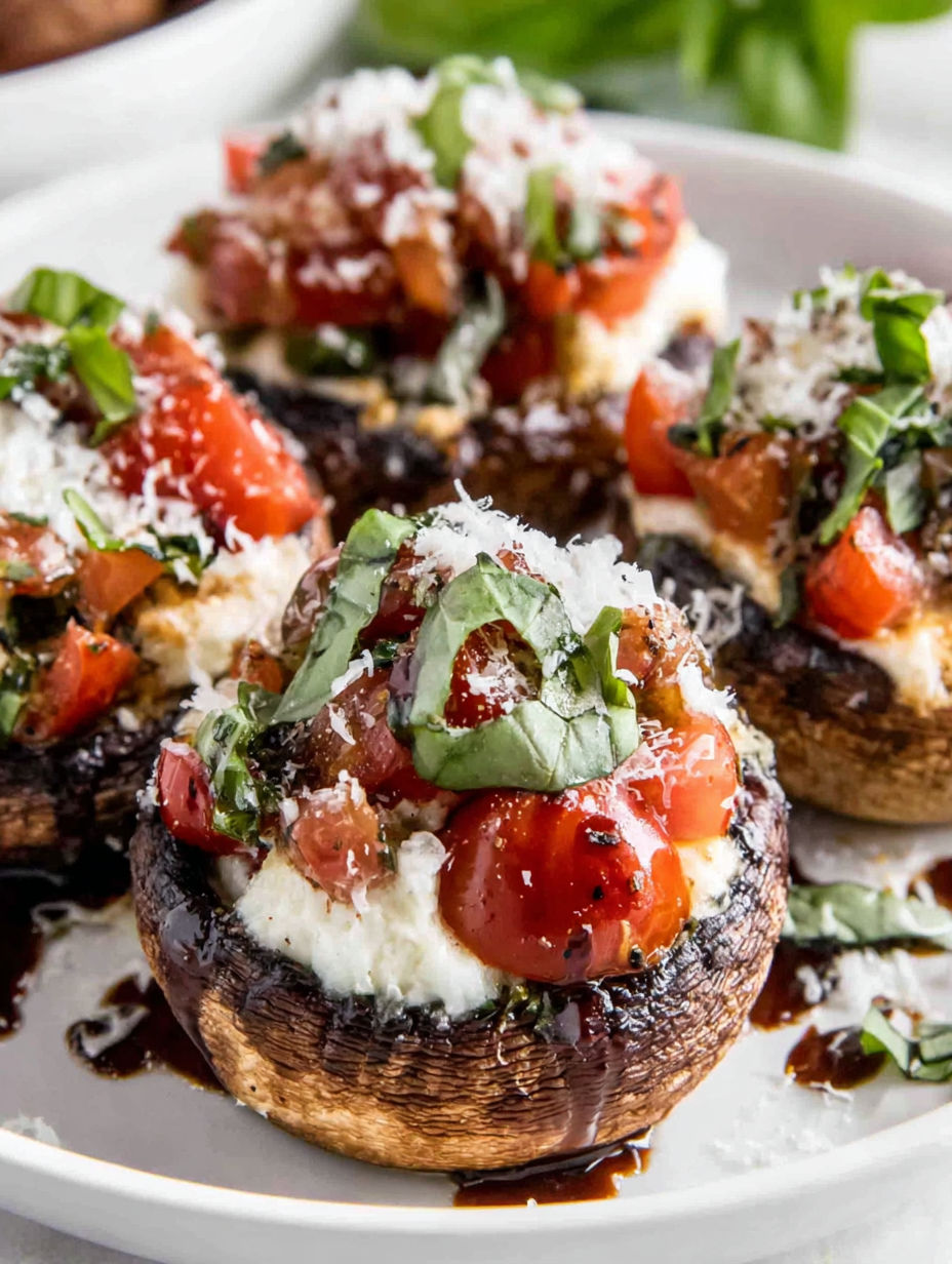 A plate of stuffed portobellos with tomatoes and basil.