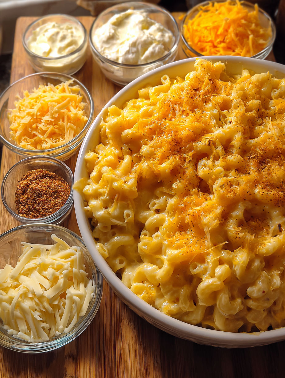 A bowl of macaroni and cheese with various toppings.