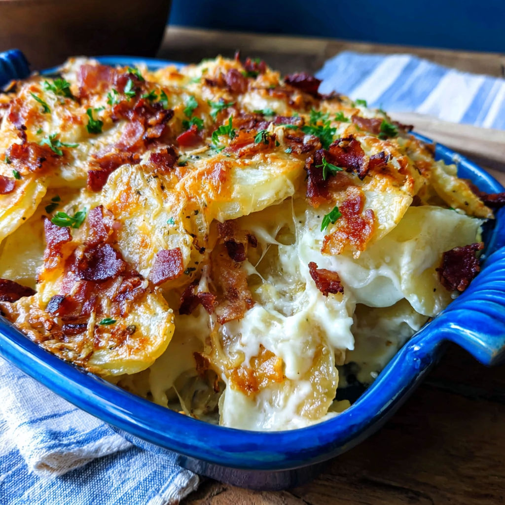 A blue bowl filled with scalloped potatoes.