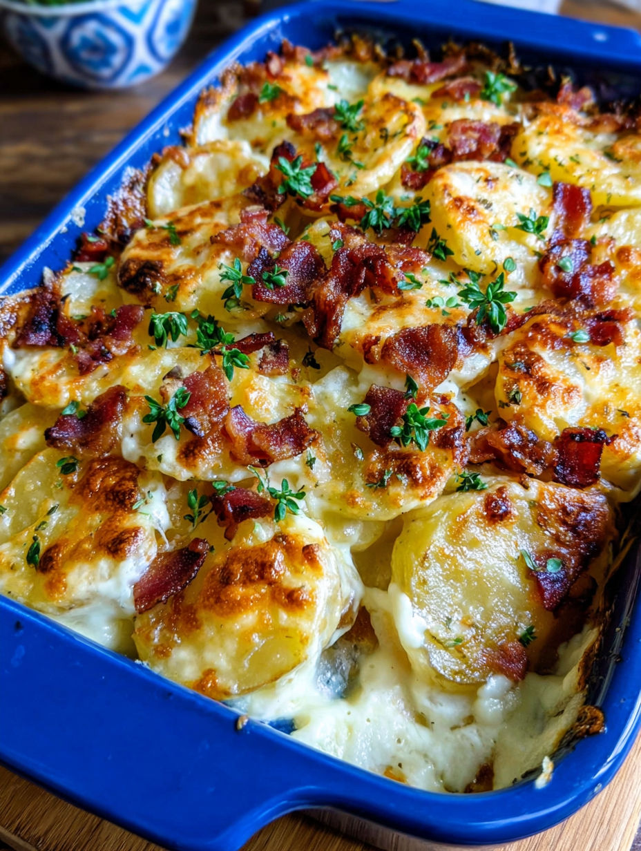 A blue bowl filled with scalloped potatoes.