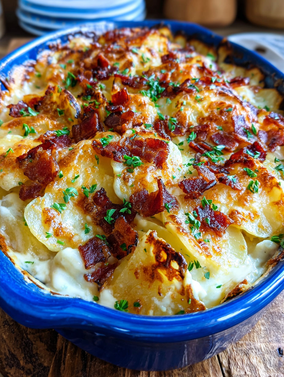 A dish of scalloped potatoes with bacon and cheese.