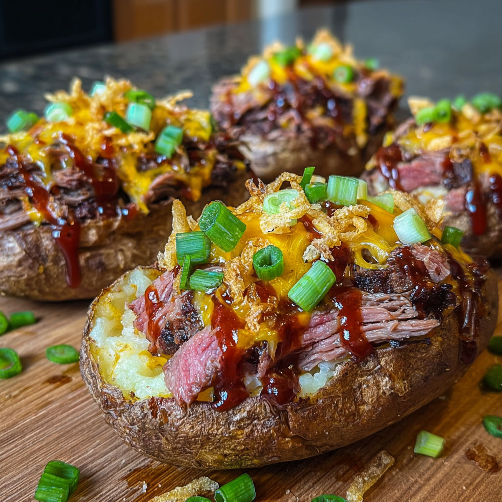 Twice baked potatoes with brisket and cheese.