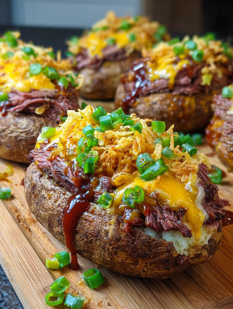 Twice baked potatoes with brisket and cheese.