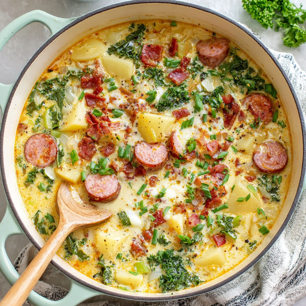 A pot of soup with sausage and potatoes.