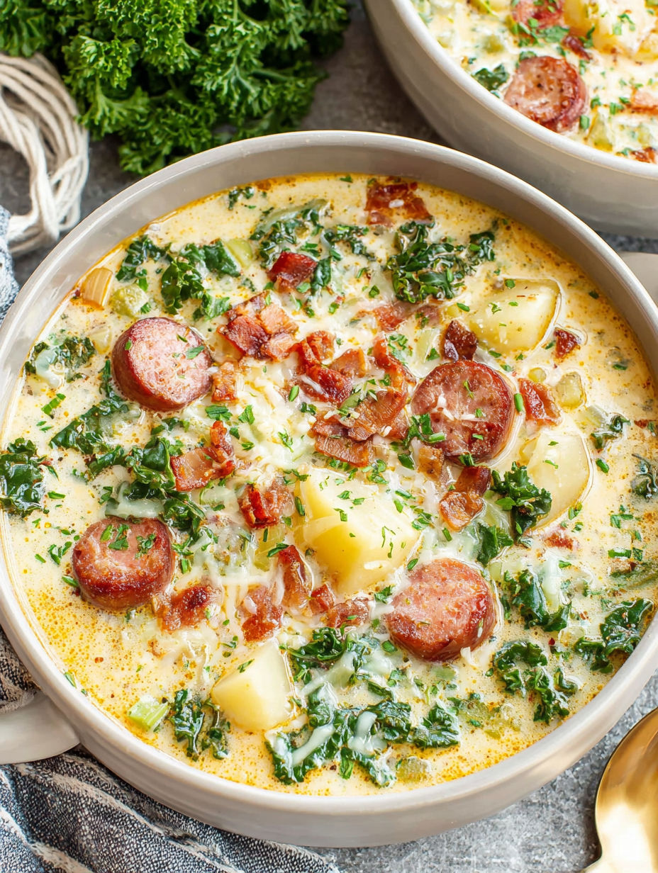 A bowl of soup with sausage and potatoes.