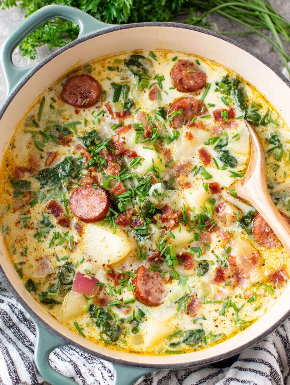 A bowl of soup with sausage and potatoes.