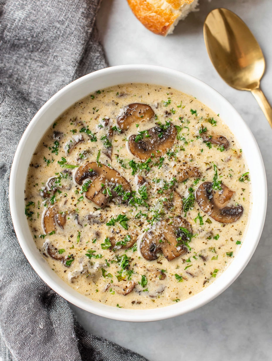 A bowl of soup with mushrooms and herbs.